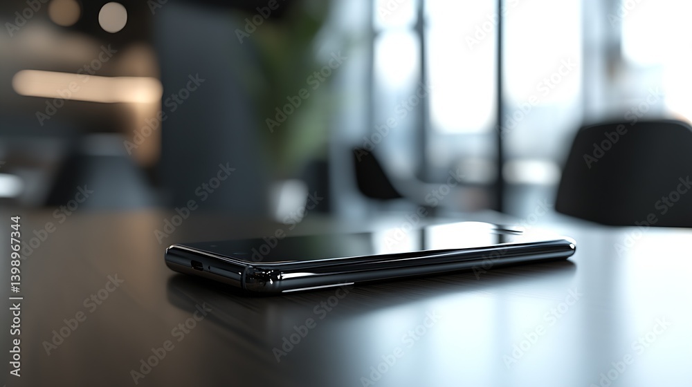 Modern smartphone resting on a table in a stylish office environment showcasing sleek design and premium build : Generative AI