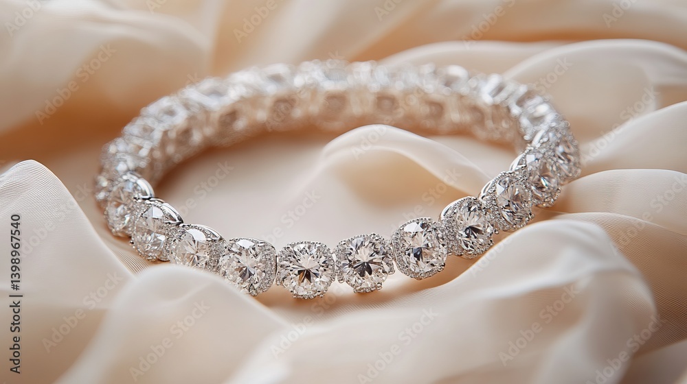 Bracelet with diamond sparkle lying on delicately ruffled ivory silk Bracelet with diamond sparkle lying on delicately ruffled ivory silk