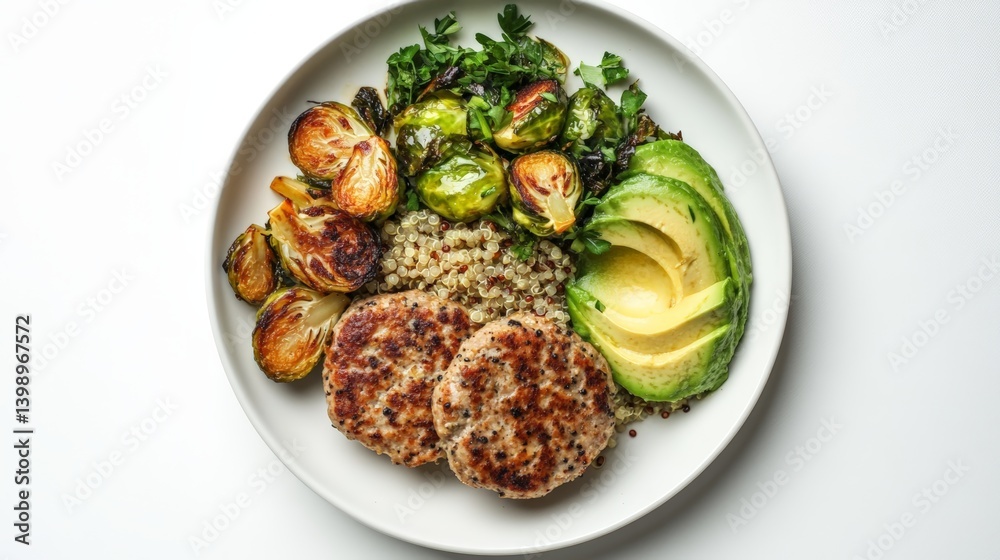 Healthy quinoa bowl with turkey patties, avocado, brussel sprouts, and greens. Healthy quinoa bowl with turkey patties, avocado, brussel sprouts, and greens.