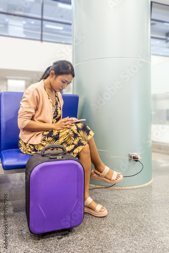 Obraz na płótnie Young woman with suitcase sitting in airport hall w salonie
