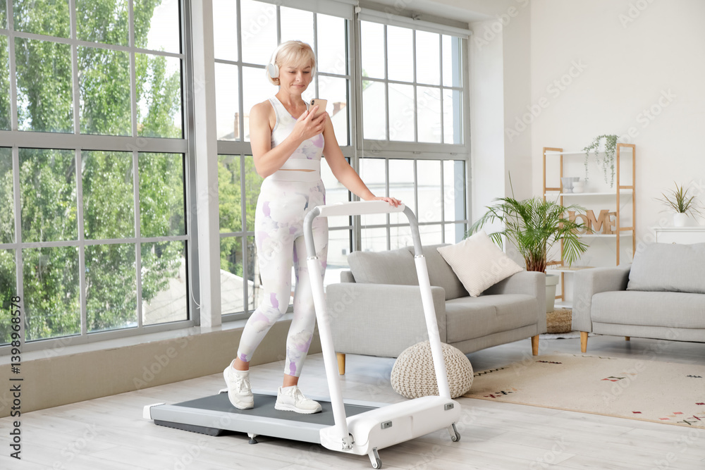 Sporty beautiful mature woman in headphones with treadmill and mobile phone at home