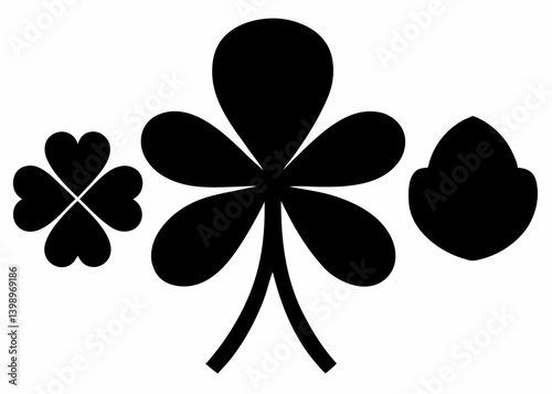 Lucky Charms: Elegant, stylized clover and heart illustrations in black, offering a symbolic celebration of good fortune and Irish heritage. 