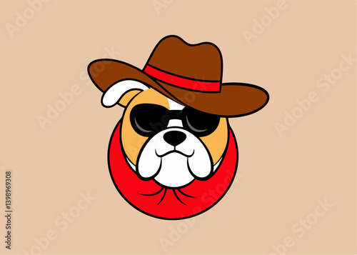 Cool Bulldog: A cartoon bulldog wears a brown hat, sunglasses, and a red scarf in a stylish cowboy ensemble, exuding confidence. 
