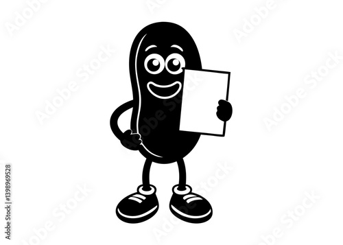 Bean character hold board: A charming cartoon bean character, brought to life with animated expression, stands ready holding a blank board, perfect for adding text or messages.