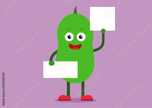 Cheerful Vegetable Mascot: A vibrant vegetable character enthusiastically presents blank signs, perfect for conveying your message with a touch of whimsy and natural charm.