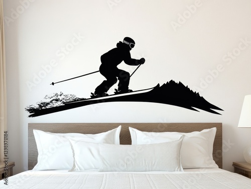 Silhouette of a skier carving down a mountain.  A dynamic figure glides effortlessly on skis, against a backdrop of mountain peaks.  photo