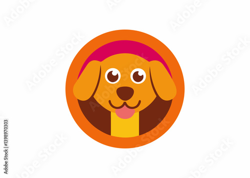 Friendly Pup Emblem: A charming illustrated puppy smiles cheerfully, enclosed within a vibrant circular frame that evokes joy. A playful cartoon illustration.