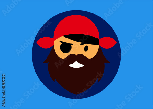 Pirate Icon: A charming pirate, adorned with a red bandana and eye patch, smiles mischievously inside of a circular frame set against a solid vibrant background.