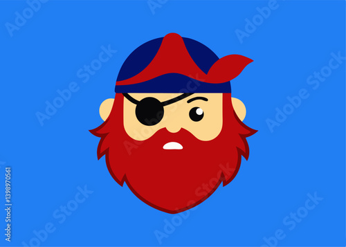Illustrative Pirate: A stylized illustration of a bold pirate, complete with a red beard, eye patch, and a stern expression, set against a solid blue backdrop. 