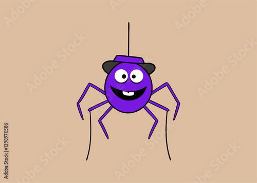 Playful Purple Spider: A whimsical cartoon depicts a cheerful purple spider, suspended from a thread and adorned with a stylish hat, radiating playfulness and cheerfulness.