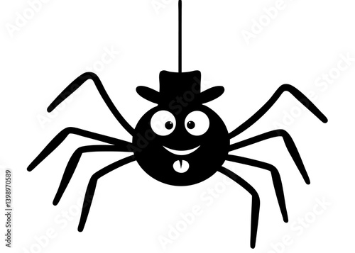 Friendly Spider Hanging Around: A delightful illustration of a happy cartoon spider with a dapper hat and a charming smile, creating a playful vibe for Halloween or themed projects.