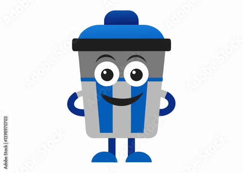 Smiling Trash Can: a playful cartoon trash can with a cheerful expression and friendly demeanor, ready to collect refuse and promote cleanliness and waste management.