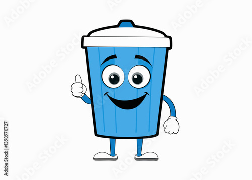 Trash Can Cheer: An optimistic cartoon trash can with a cheerful smile gives a thumbs up, conveying positivity, cleanliness, and responsible disposal.