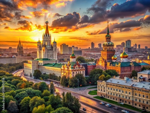 Moscow Twilight Panorama: Vintage Cityscape, Soviet Era Architecture, Golden Hour Photography