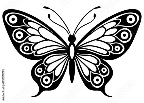 Butterfly Wing Design: A stunning graphic captures a butterfly in striking silhouette, its wings adorned with intricate patterns, representing beauty, metamorphosis.