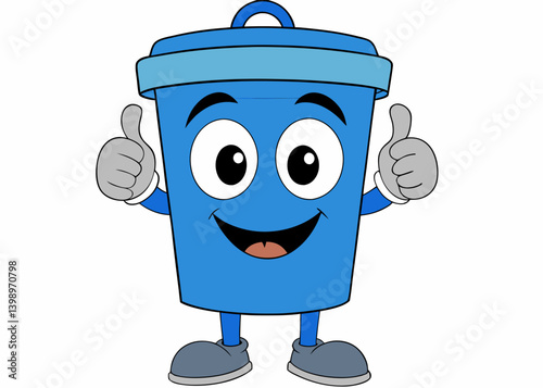 Smiling Trash Can Mascot: A cheerful cartoon trash can character with a vibrant blue hue, smiles warmly and gestures a thumbs-up, symbolizing cleanliness and waste disposal.