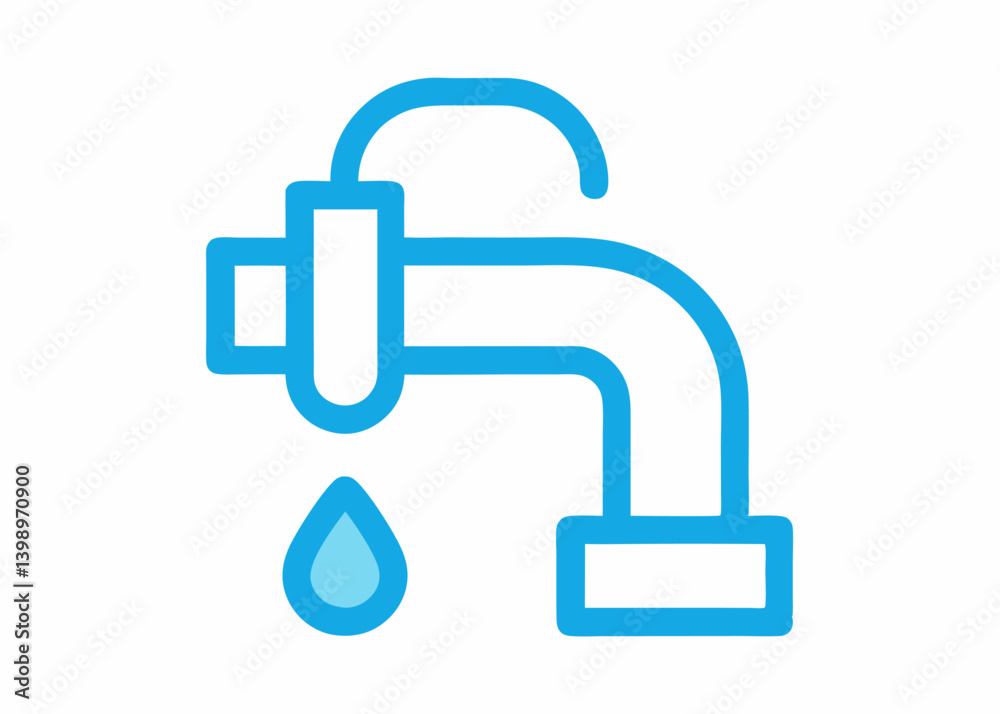 Water faucet with droplet graphic: A clean and concise illustration of a water faucet with a single water droplet, symbolizing purity, conservation, and the essential resource of water. Water faucet with droplet graphic: A clean and concise illustration of a water faucet with a single water droplet, symbolizing purity, conservation, and the essential resource of water.