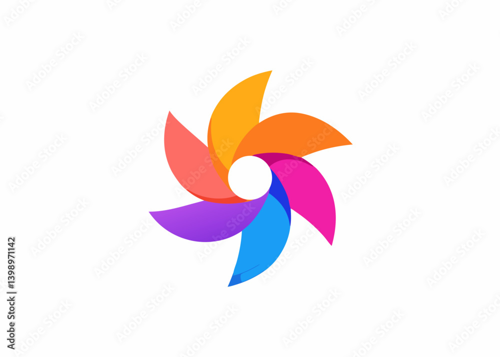 Obraz premium Abstract Colorful Petal Design: A modern, abstract design composed of seven vibrantly colored petals arranged in a circular pattern, creating a visually engaging and dynamic composition.