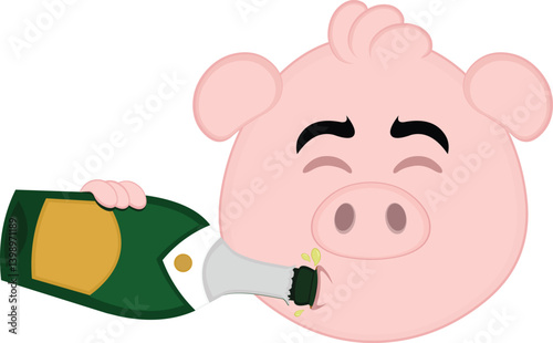 vector illustration emoji character face pig cartoon, drinking champagne or cider from the bottle