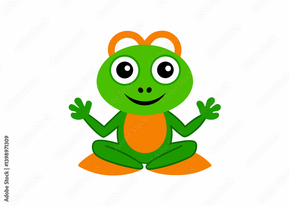 Smiling Cartoon Frog in Green and Orange: A cheerful cartoon frog, rendered in vibrant green and orange hues, sits serenely with a welcoming smile. The image showcases simple. Smiling Cartoon Frog in Green and Orange: A cheerful cartoon frog, rendered in vibrant green and orange hues, sits serenely with a welcoming smile. The image showcases simple.