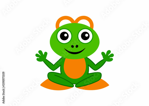 Smiling Cartoon Frog in Green and Orange: A cheerful cartoon frog, rendered in vibrant green and orange hues, sits serenely with a welcoming smile. The image showcases simple.