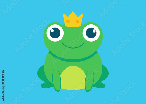 Frog Royalty: A charming illustration of a contented cartoon frog, resplendent with a golden crown, sits against a serene blue backdrop, embodying joy and whimsy.