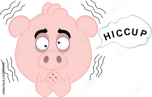 vector illustration emoji character face pig cartoon, having hiccups symptom and a speech bubble with hiccup text