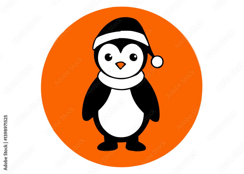 Naklejka premium Festive Penguin in Orange Circle: An adorable penguin wearing a cozy hat and scarf, set against a vibrant orange backdrop, embodies the holiday spirit.