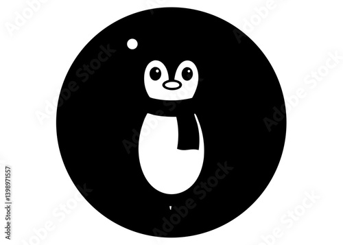 Cute Penguin Emblem: A cheerful cartoon penguin, rendered in a sleek, minimalist black and white design, takes center stage within a bold, circular frame, symbolizing friendship and playfulness.