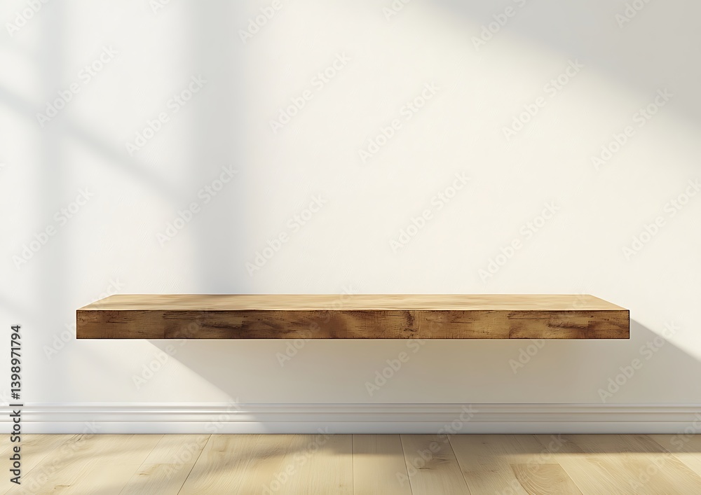 3D rendering of a modern minimalist interior design, empty wall mock-up in a living room with a wooden shelf and white walls, and a wood floor 3D rendering of a modern minimalist interior design, empty wall mock-up in a living room with a wooden shelf and white walls, and a wood floor