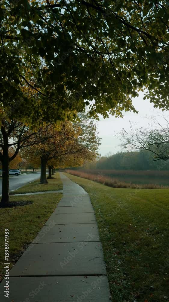 Vertical view of Lush green park with tall trees and a perfectly manicured lawn under a bright blue sky.
