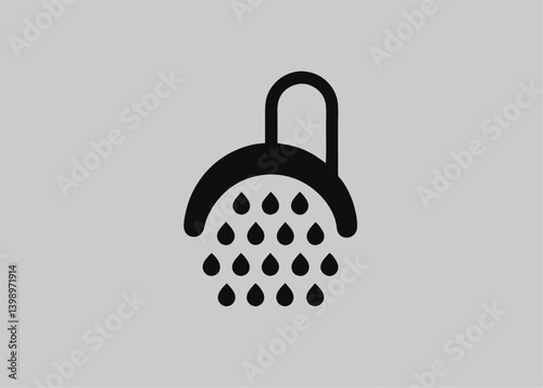 Shower Icon: A minimalist black and white icon of a showerhead and droplets against a plain background, offering a clean, straightforward visual representation for various design needs.