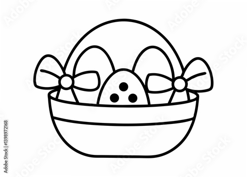 Easter Egg Basket Outline: A delightful line drawing depicts a charming Easter basket overflowing with eggs, accented with decorative bows.
