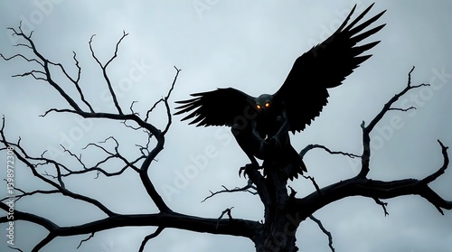 Mothman creature with glowing red eyes perched on a dead tree