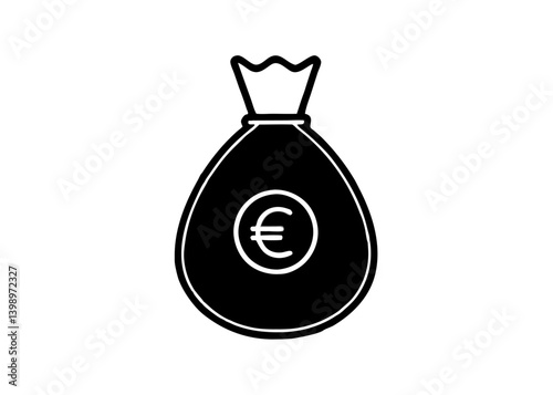 Money bag with euro currency symbol: A simple graphic icon shows a money bag with an euro currency symbol, representing financial abundance and the world of business and commerce.
