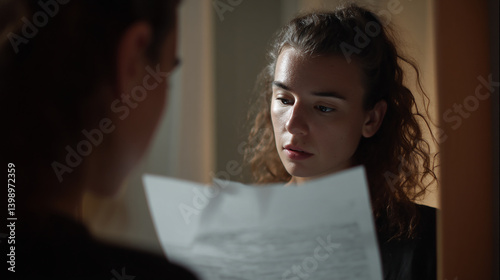 Teen girl practicing speech in front of mirror.