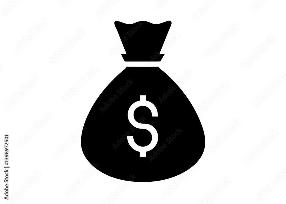 Money Bag Icon: Simple yet impactful image of a black money bag with the dollar sign, representing wealth, finance, and the concept of saving Money Bag Icon: Simple yet impactful image of a black money bag with the dollar sign, representing wealth, finance, and the concept of saving