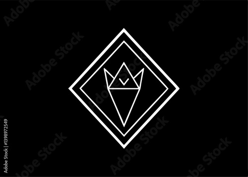 Abstract geometric emblem: A modern, minimalist design showcases a sleek geometric emblem, rendered in pristine white lines against a stark black backdrop.