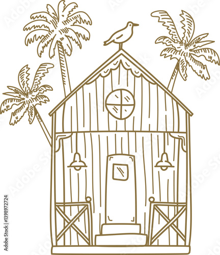 Tropical Beach Hut with Palm Trees