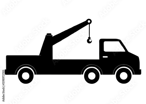 Silhouette of Service: A monochrome depiction of a heavy-duty tow truck, its boom raised in readiness. This image epitomizes assistance and reliability, ideal for a range of applications.