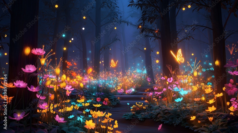 Fototapeta premium A magical forest illuminated by vibrant flowers and glowing butterflies.