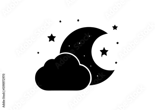 Night Sky Silhouette: A simple, elegant illustration of a crescent moon, stars, and a cloud silhouetted against the darkness, evoking a sense of tranquility and mystery.