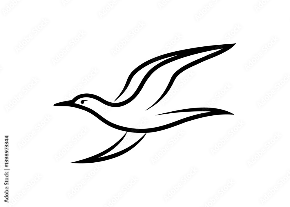 Soaring Seagull Silhouette: An elegant line drawing of a seagull in flight, symbolizing freedom, grace, and the boundless spirit of nature, perfect for design applications. Soaring Seagull Silhouette: An elegant line drawing of a seagull in flight, symbolizing freedom, grace, and the boundless spirit of nature, perfect for design applications.