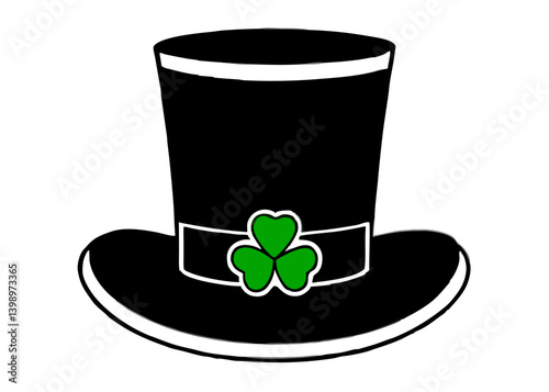St. Patrick's Hat: A sleek, black top hat adorned with a vibrant green shamrock, symbolizing the rich cultural heritage and festive spirit of St. Patrick's Day, inviting celebration and joy.
