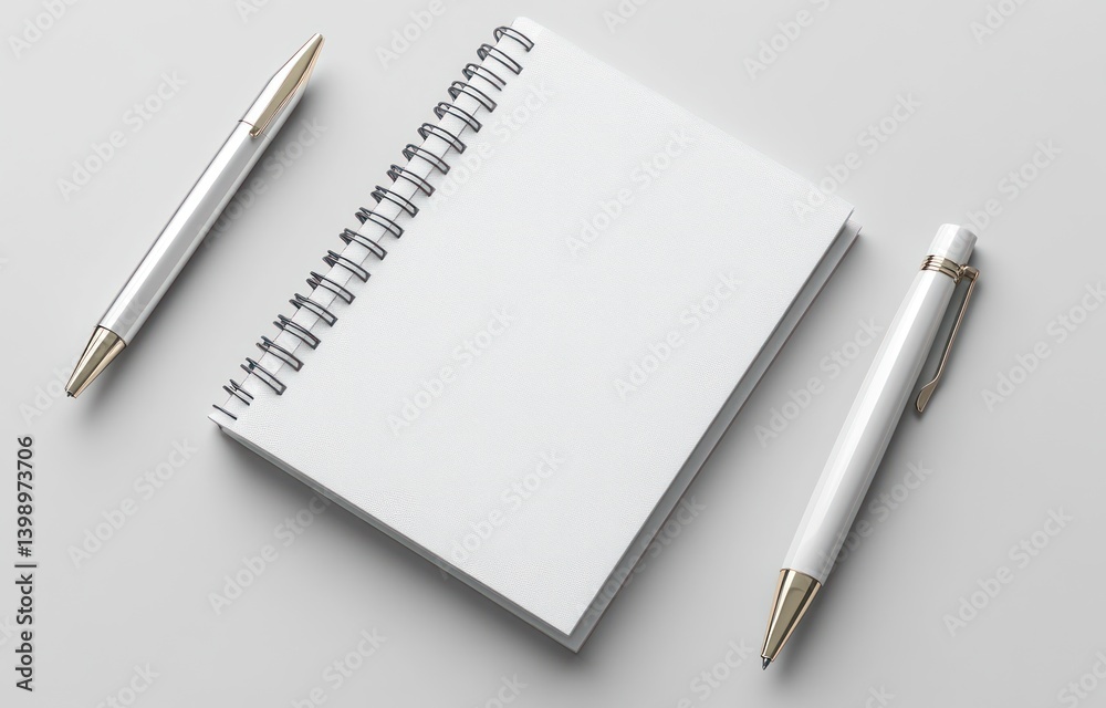 Photorealistic Notebook and Pen on White Surface Minimalistic Still Life Illustration Photorealistic Notebook and Pen on White Surface Minimalistic Still Life Illustration