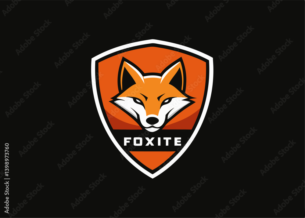 Fototapeta premium Fox Logo on black: A striking emblem showcases a fierce fox face with sharp, confident features set within a shield-shaped frame, ideal for branding, logos, or illustrative purposes.