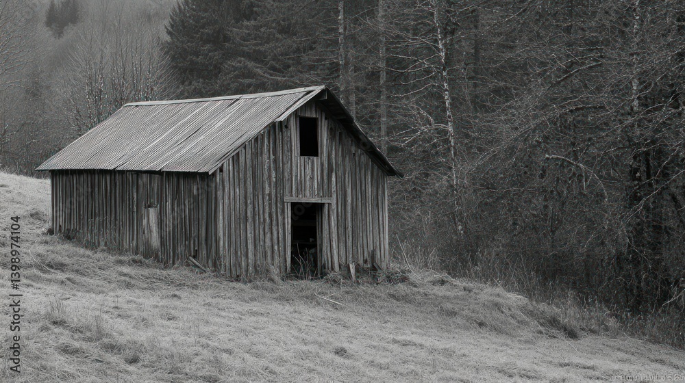 Weathered Wooden Barn Situated On A Grassy Hillside In Woods Weathered Wooden Barn Situated On A Grassy Hillside In Woods