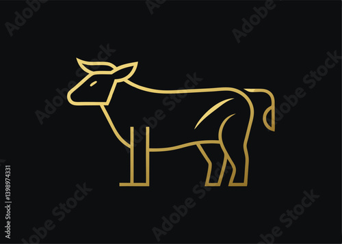 Golden Cow Icon: A sophisticated, minimalist linear representation of a bovine animal rendered in shimmering gold against a dark, elegant backdrop.