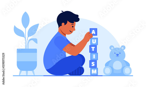 Autistic kid playing with alphabet blocks spelling “autism”. Neurodiversity, child development, special education, and autism awareness concept. Flat vector illustration isolated on white background