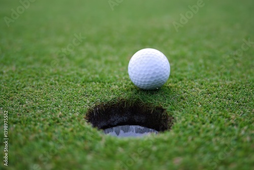 A detailed view of a golf ball just after it has been putted towards the hole.